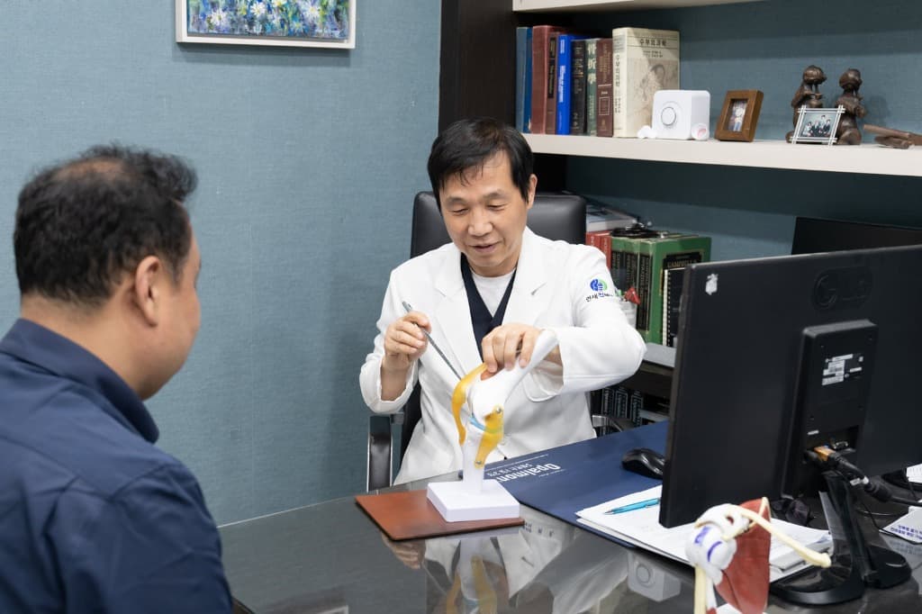 진료실에서 관절 모형을 바탕으로 환자에게 맞춤 상담을 제공하는 전문의