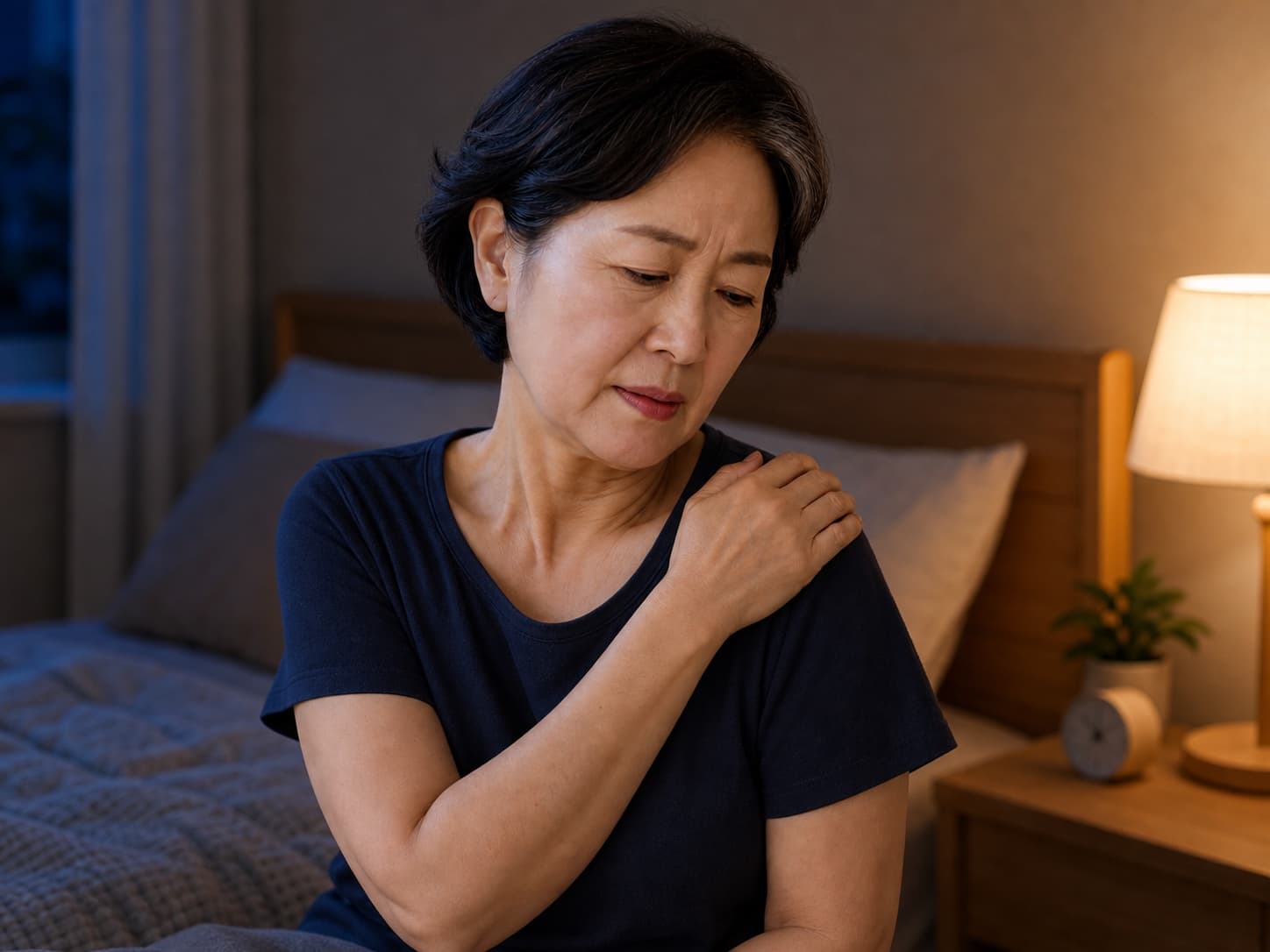 60대 여성이 밤에 어깨 통증으로 잠을 이루기 어려워하는 모습