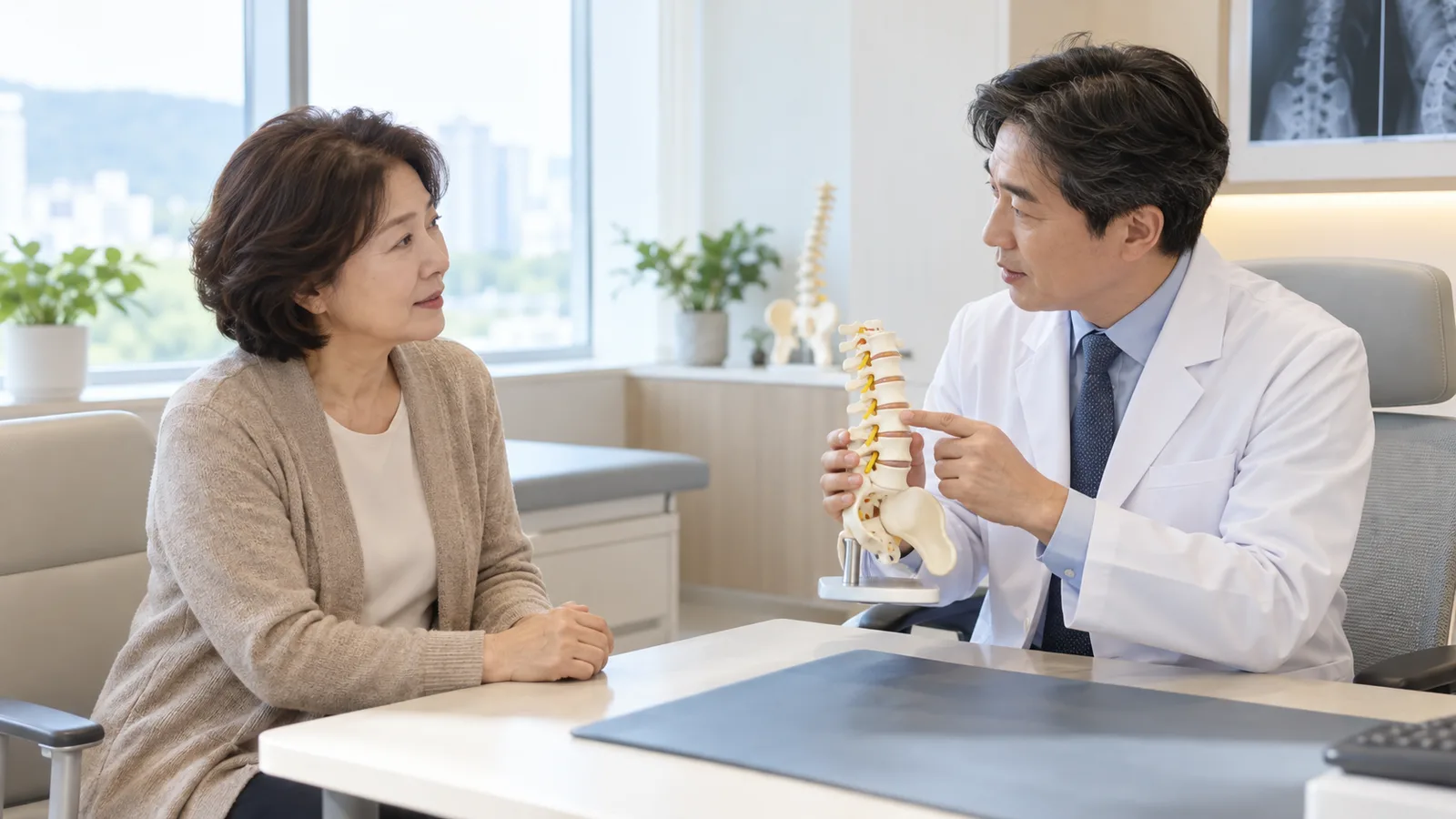 밝은 진료실에서 한국인 성인 여성이 의료진과 허리뼈 모형을 보며 상담하고 있습니다.