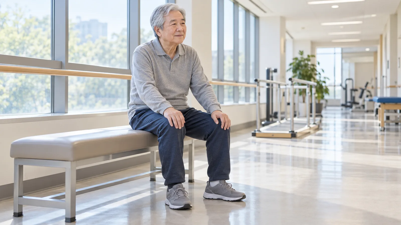 걷던 한국인 성인이 밝은 병원 복도의 벤치에 앉아 상체를 조금 앞으로 기울이고 쉬는 모습입니다.