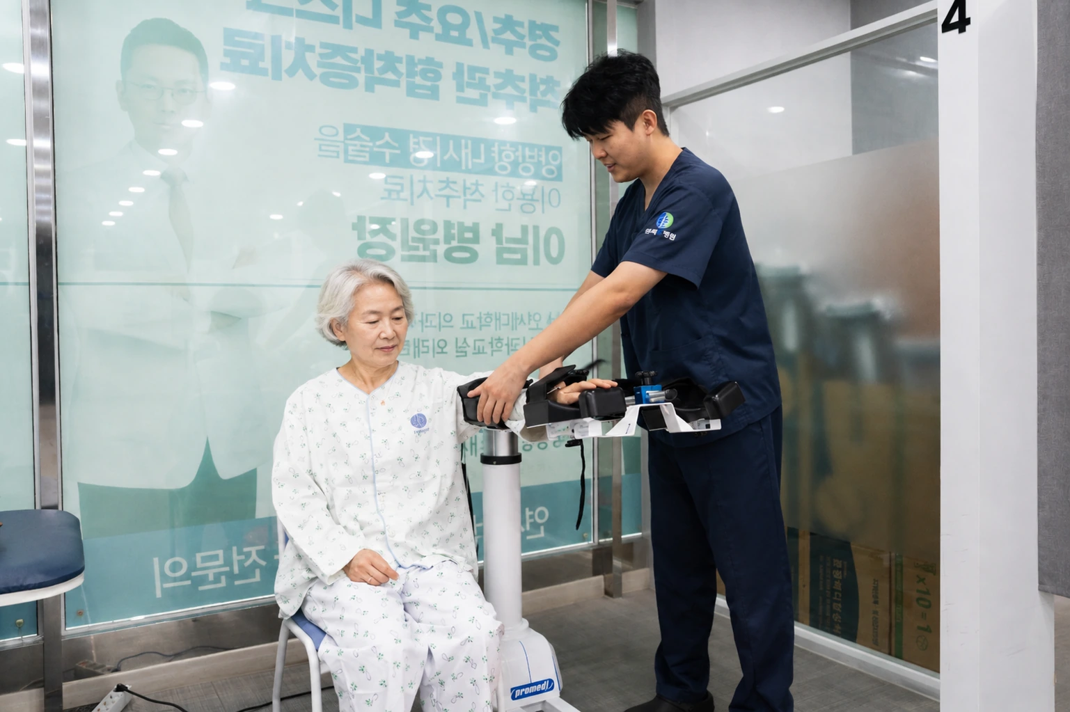 연세척병원 도수·재활 클리닉에서 의료진이 환자의 상지 재활 운동 치료를 돕는 모습